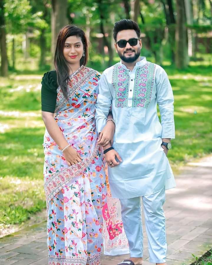 Block print saree with panjabi BlueAfsan1